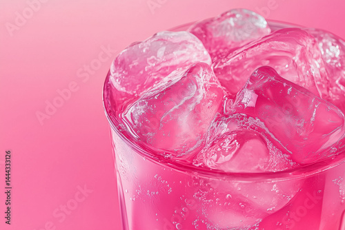 close up of ice cubes in pink lemonade on pink background with copy space
