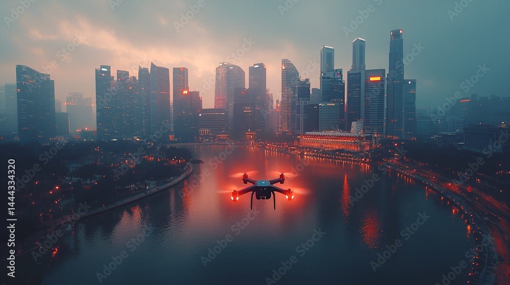 Fototapeta premium Drone flying over foggy cityscape at dawn.