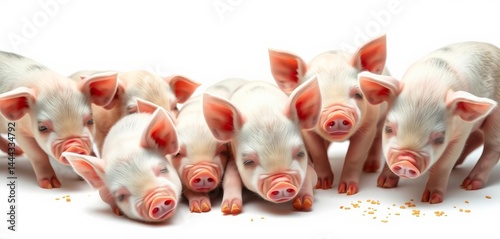 Adorable piglets playing, sleeping, and exploring a clean white background, clean, background
