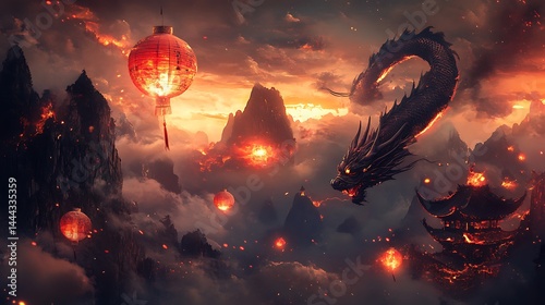 Dragon soaring above a fiery landscape