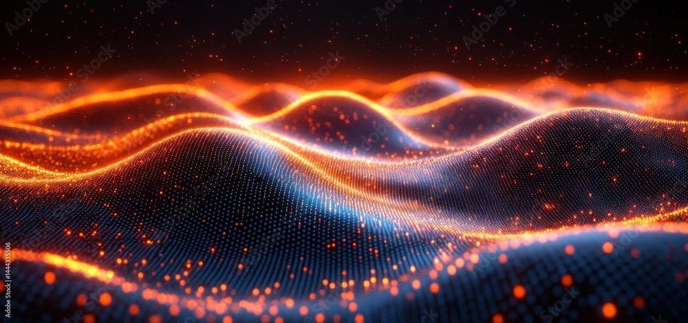Abstract Digital Landscape: Glowing Waves of Data and Energy