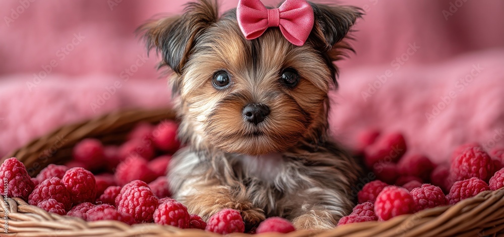 Adorable Yorkshire Terrier Puppy in a Basket of Raspberries