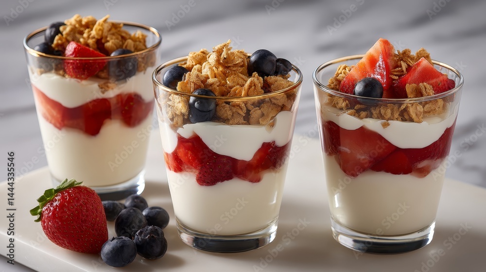 Three elegant glass jars filled with layers of yogurt, granola, and assorted berries rest on a marble countertop, inviting a healthy treat option Three elegant glass jars filled with layers of yogurt, granola, and assorted berries rest on a marble countertop, inviting a healthy treat option
