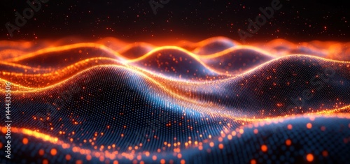 Abstract Digital Landscape: Glowing Waves of Data and Energy