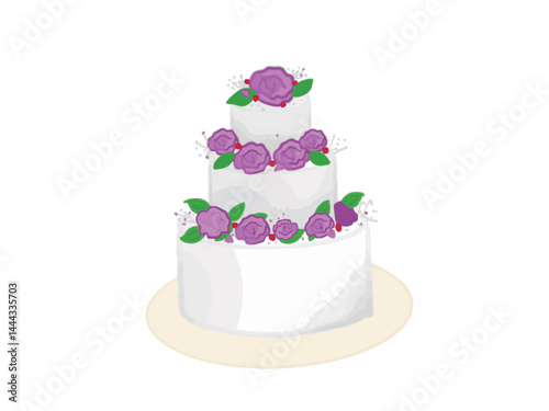 Illustration of a tiered wedding cake decorated with flowers served at a wedding