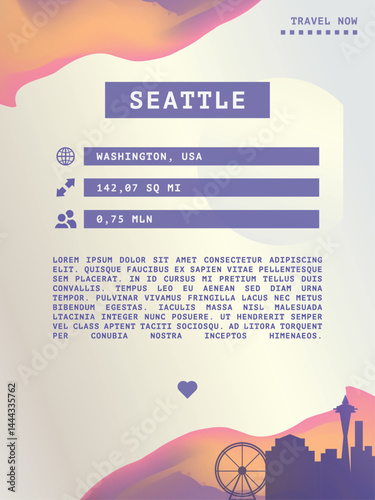 Seattle, Washington state vector infographics, brochure layout. Guide, leaflet, flyer, advertising graphic template with text, information, USA city skyline shape. Page, festival, cover mock up image