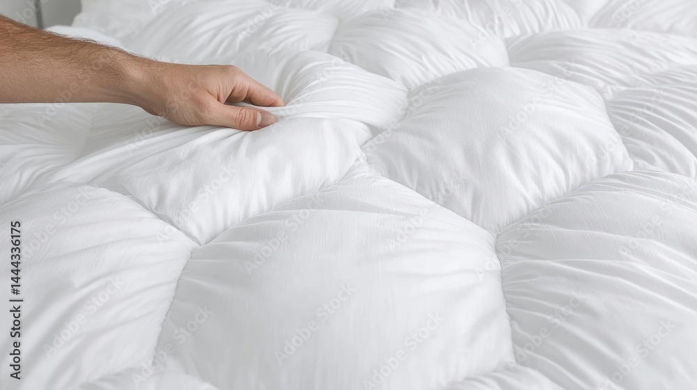 Close-up of a white quilted mattress topper. A hand gently adjusts the fabric Close-up of a white quilted mattress topper. A hand gently adjusts the fabric