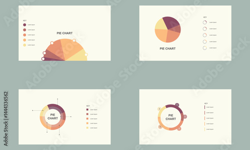 infographics design template with icons
Four infographic themes with pie charts consisting of five sections along with descriptions for each color in each section of the chart.