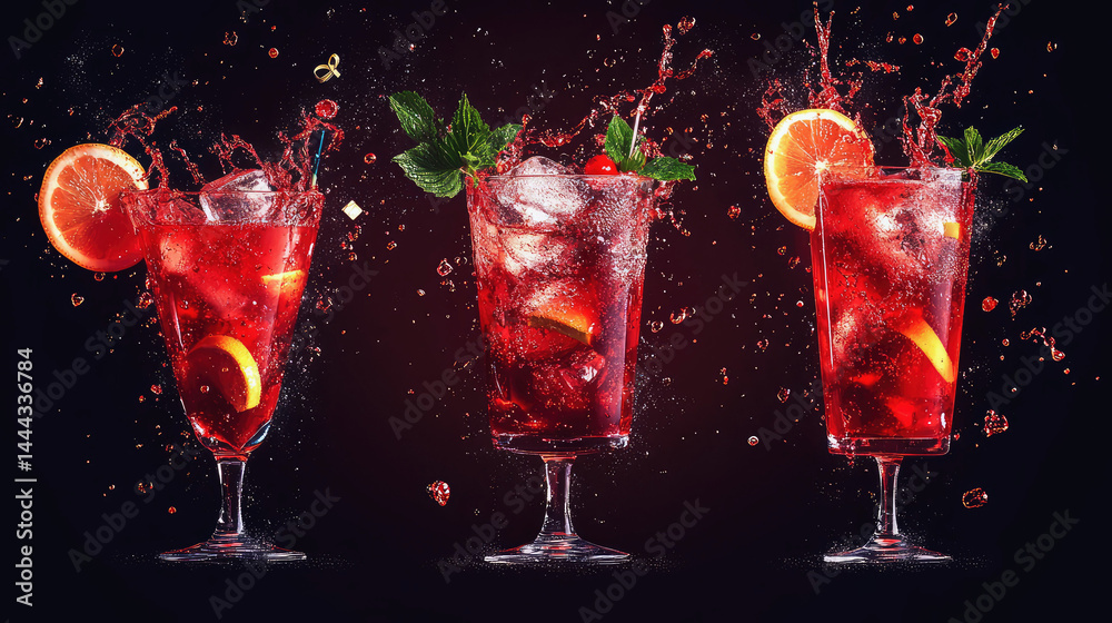 Refreshing Summer Cocktails with Citrus, Berries, and Mint Splashes Captured in Stunning High Definition Against Dark Background