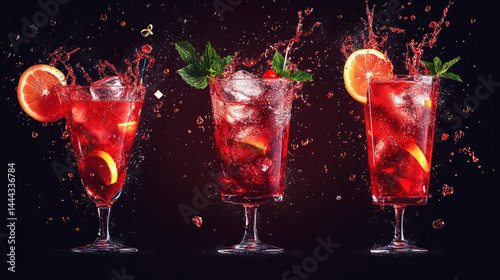 Obraz na płótnie Refreshing Summer Cocktails with Citrus, Berries, and Mint Splashes Captured in Stunning High Definition Against Dark Background w salonie