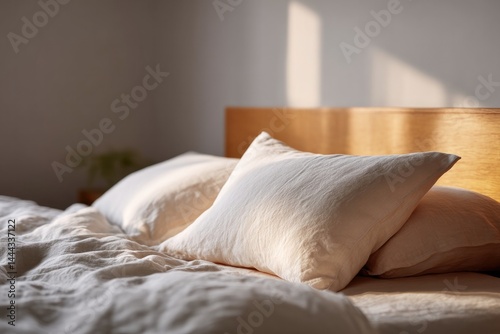 calm and serene bedroom with rumpled linen sheets inviting rest sunlight caressing fabrics gently