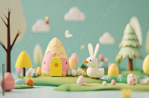 Easter egg hunt scene simplified on a white studio background
