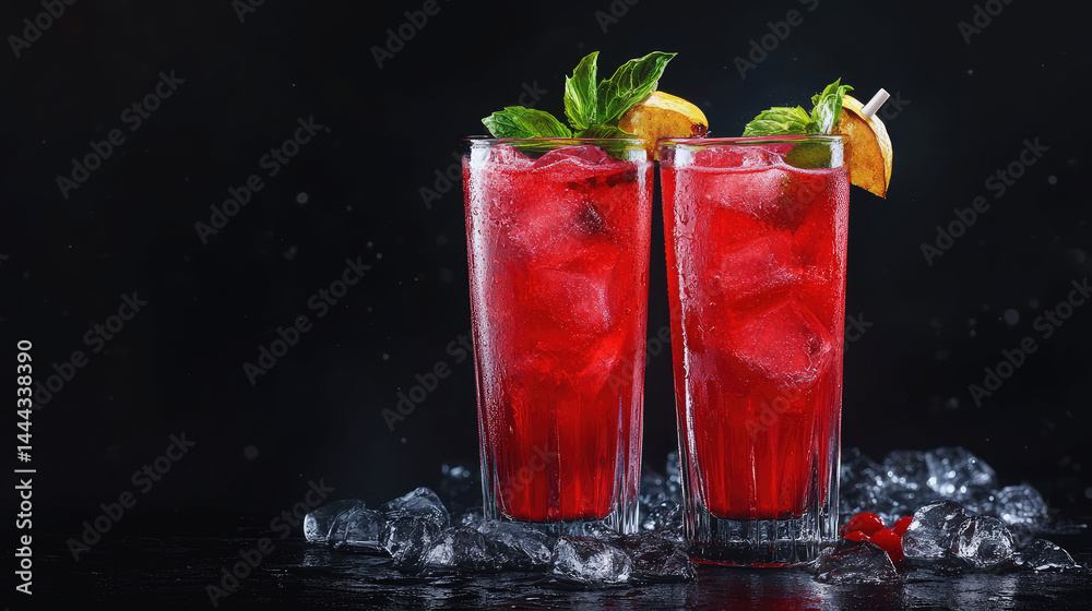 Refreshing Red Beverage with Ice and Garnish in Glasses on Black Background Perfect for Summer Parties, Events, and Refreshment Promotions