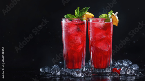 Obraz na płótnie Refreshing Red Beverage with Ice and Garnish in Glasses on Black Background Perfect for Summer Parties, Events, and Refreshment Promotions w salonie