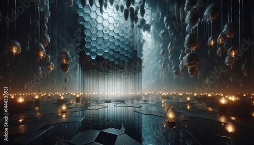 Glass Hive Cavern Honeycomb‑patterned glass walls dripping wit