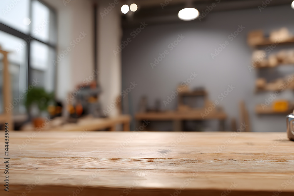 Wooden Workbench with Sawdust in Workshop Wooden Workbench with Sawdust in Workshop