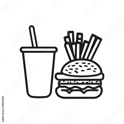 Burger, Fries, and Drink Icon Line Art Style on a Transparent Background