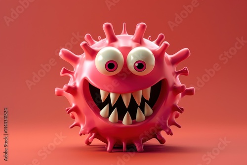  cheerful cartoon virus with a big smile and sharp teeth, playfully rendered in 3D, against a vibrant red backdrop.