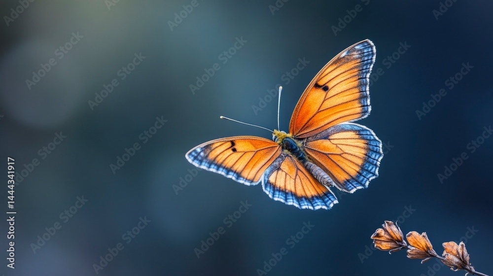 Spectacular Orange Butterfly in Flight against a Soft Blue Background Spectacular Orange Butterfly in Flight against a Soft Blue Background