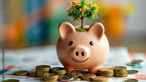 Cute piggy bank with a tree on top, surrounded by coins and financial charts.
