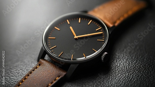 Wallpaper Mural Close-up of a modern wristwatch with a black face and brown leather band. Torontodigital.ca