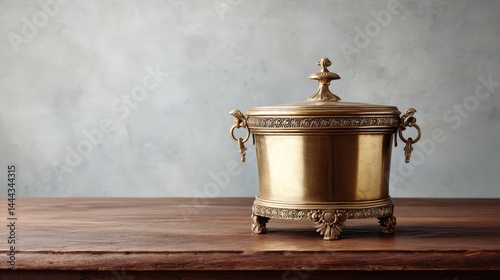 An ornate brass canister with detailed engravings rests on a polished wooden surface, softly lit to accentuate its antique elegance and warm decor