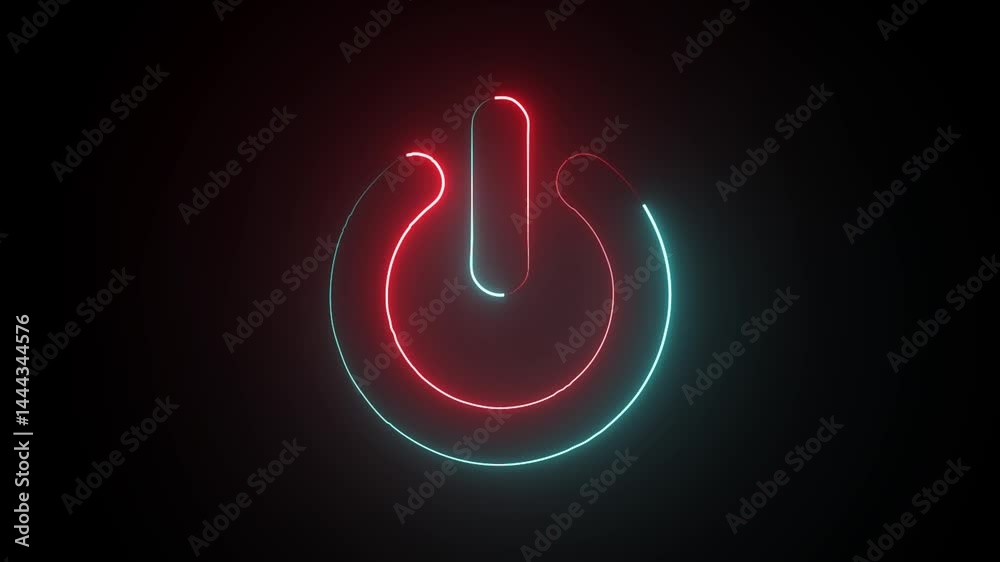 Glowing neon power button animation. neon power off or on button animation on black background.