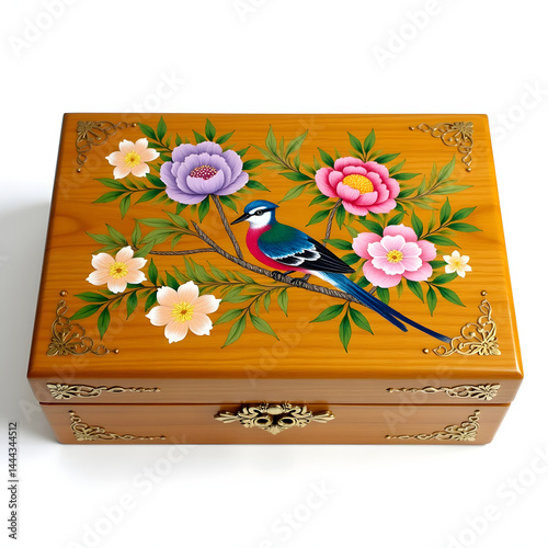 An intricately painted wooden box featuring a vibrant blue bird perched on a blossoming branch with pink flowers. The box is accented with ornate golden metal corners and a decorative clasp, blending 