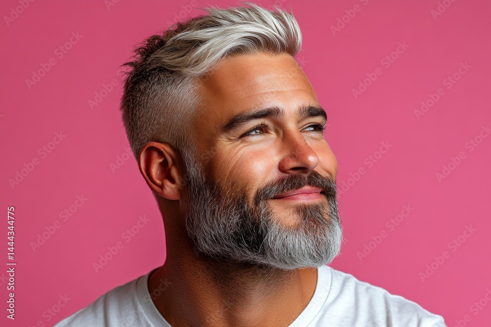 Fototapeta premium Trendy men's pompadour haircut - midlife white man with blond hair. A stylish haircut framing a fashionable manâ€™s face. Artwork of style for aging men. Pink solid background.