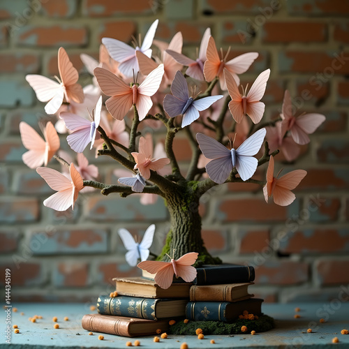 A small tree grows from stacked vintage books, its branches covered in pastel origami butterflies, creating a peaceful and whimsical scene.