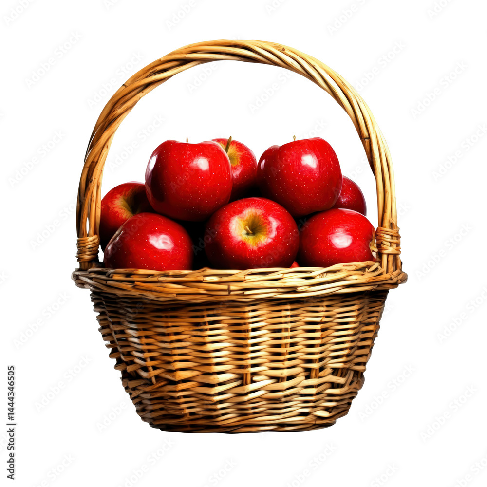 Fresh red s in a woven wicker basket with a curved handle on a plain white background for healthy eating snack or fruit display concept Fresh red s in a woven wicker basket with a curved handle on a plain white background for healthy eating snack or fruit display concept