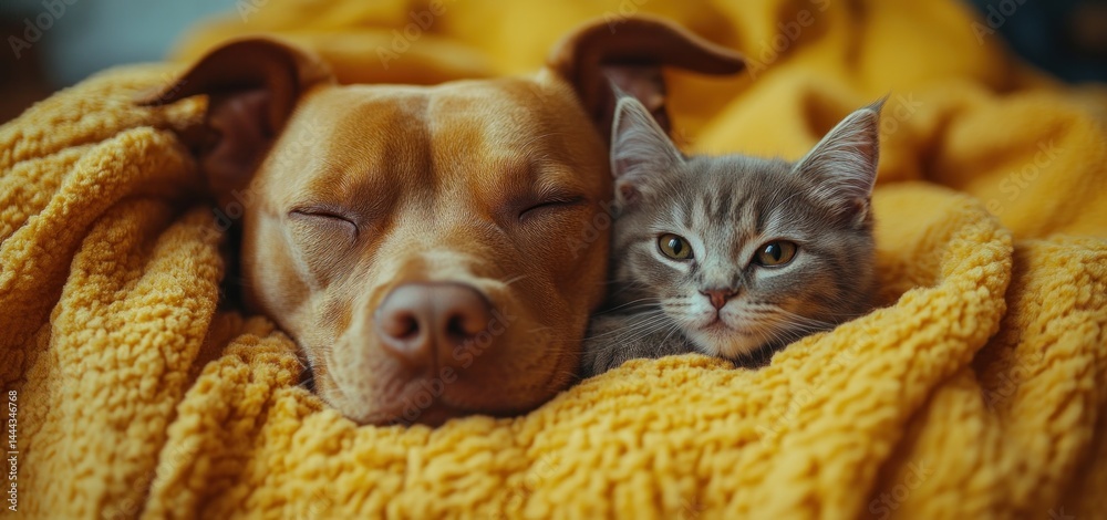 Peaceful slumber: A heartwarming scene of a dog and cat napping together under a cozy yellow blanket.