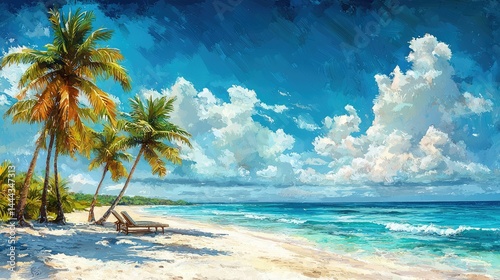 Tropical beach paradise with palm trees and sun loungers