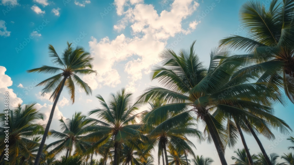 Lush green palm trees reach towards a vibrant blue sky filled with fluffy white clouds on a sunny day. Lush green palm trees reach towards a vibrant blue sky filled with fluffy white clouds on a sunny day.