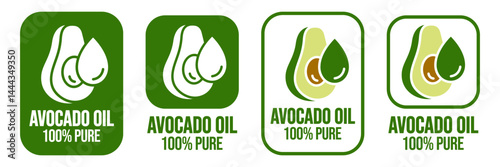 Avocado oil icon set. Avocado with oil drop label, logo, badge, sticker, symbol, emblem, stamp, circle, line, flat vector isolated on white background. Avocado oil label for product packaging design.