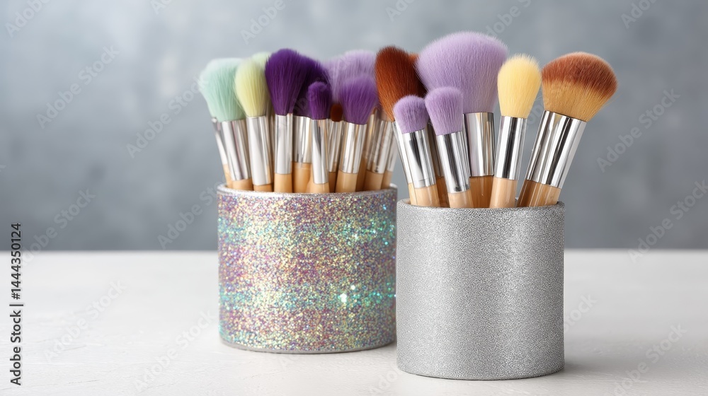 Obraz premium Set of elegant makeup brushes with pastel-colored bristles displayed in shimmering holders on a glossy surface, offering perfect space for branding or writing