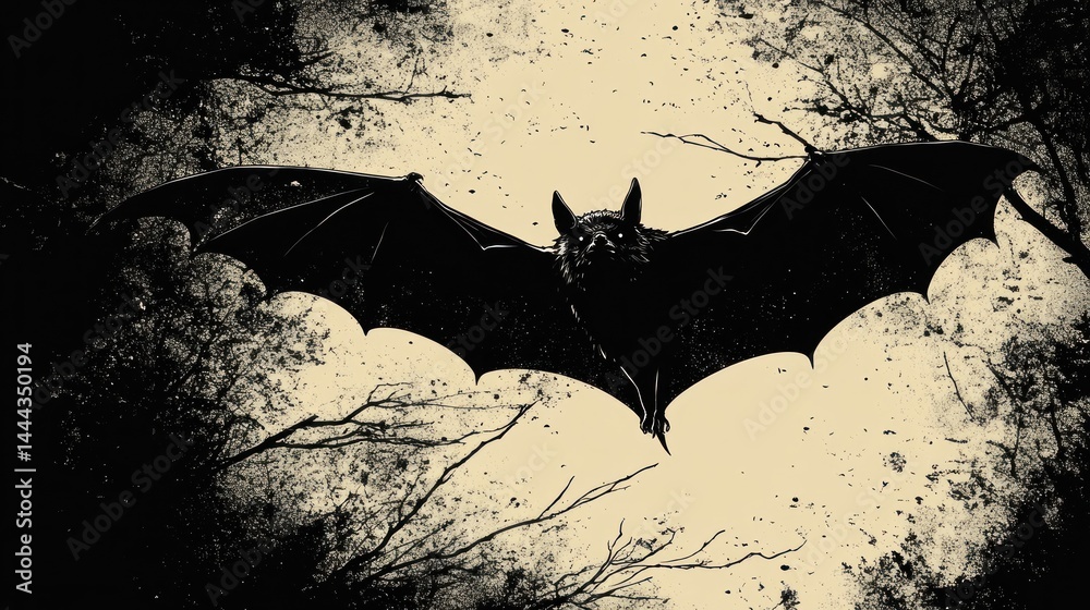 Night Flight of the Bat: A Grunge Halloween Illustration