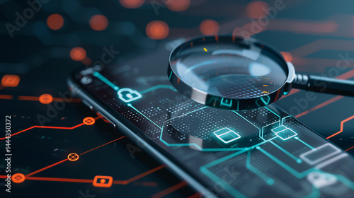 Cyber Investigation: A high-tech scene unveils the intricate world of digital forensics, as a magnifying glass hovers over a smartphone, highlighting cybersecurity, with circuits in the background.