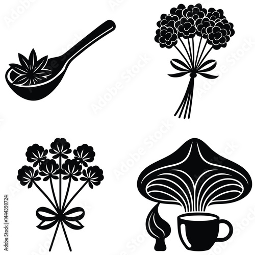 Spoon with Herbs, Bouquet of Flowers, Steaming Cup under Stylized Mushroom Vector Illustration on White Background