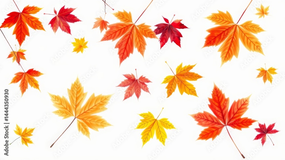 Vibrant autumn leaves fall gracefully on a pristine white background creating a beautiful seasonal design element perfect for fall themed projects and Vibrant autumn leaves fall gracefully on a pristine white background creating a beautiful seasonal design element perfect for fall themed projects and