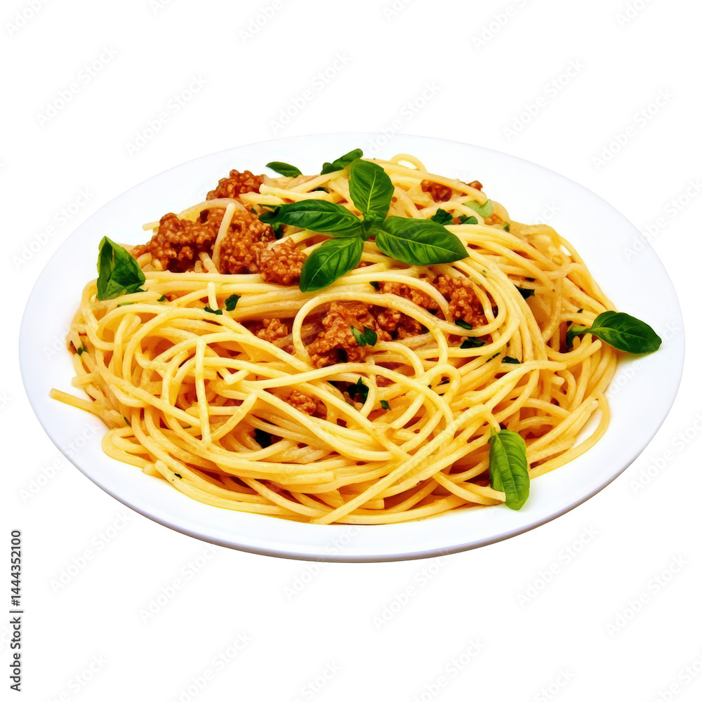 Delicious spaghetti pasta with meat sauce and fresh basil leaves served on a white plate perfect for Italian cuisine and dinner meals Delicious spaghetti pasta with meat sauce and fresh basil leaves served on a white plate perfect for Italian cuisine and dinner meals