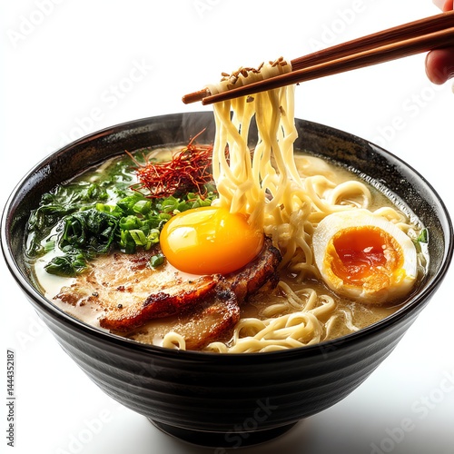 Wallpaper Mural High-definition photo of authentic Japanese tonkotsu ramen in a black bowl, chopsticks picking noodles, clean white background. Perfect for food blogs, ads, and menus Torontodigital.ca