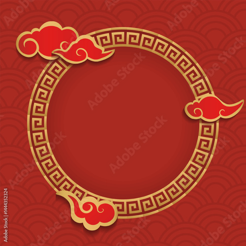 Chinese New Year Background With Square Shape, Golden Circle Pattern, Clouds, and Copy Space Area. Suitable to place on content with that theme.