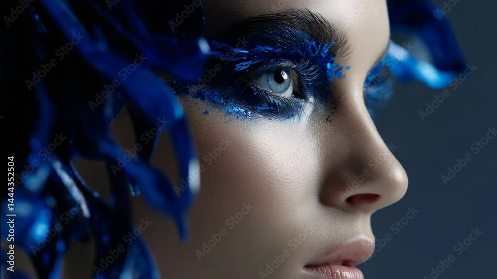 Close-up portrait of woman with creative blue makeup and feather details near eye. Beauty shot of artistic visage with flawless skin.