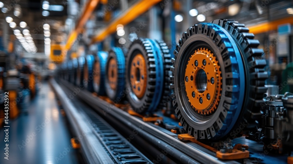 Fototapeta premium Industrial Manufacturing: Close-up of Automated Assembly Line with Precision-Engineered Components