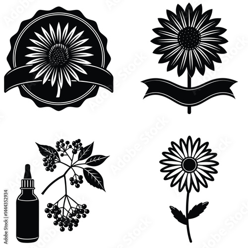 Sunflower on Banner and Seal, Dropper Bottle with Berries and Leaves, Sunflower Vector Illustration

