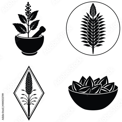 Plant in Mortar and Pestle, Stylized Plant in Circle and Rhombus, Bowl of Leaves Vector Illustration

