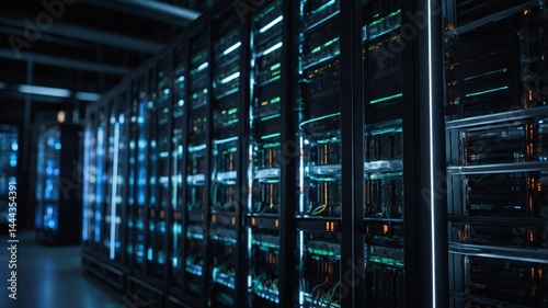 Data Center Infrastructure: Server Racks and Network Equipment in Dimly Lit Environment