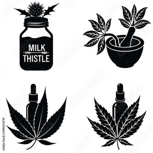 Milk Thistle in Jar, Mortar and Pestle with Leaves, Dropper Bottle with Cannabis Leaves Vector Illustration

