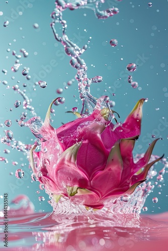 Ultra HD macro shot of a bold pink dragon fruit falling into crystal clear water, slow motion splash effect, droplets suspended in mid-air